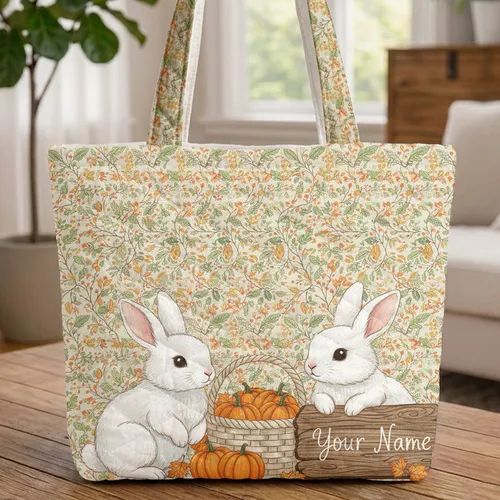 Autumn Leaves Bunnies Pumpkins Basket Wooden Sign - Autumn Decor Gift for Bunny Lover Quilted Tote Bag