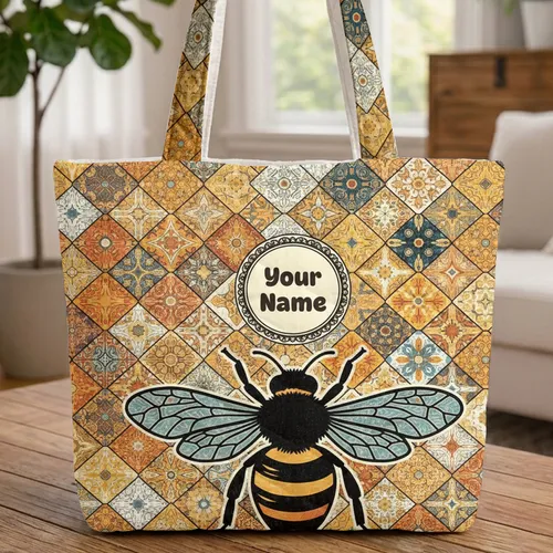 Striped Honeybee Honeycomb Floral Swirl Patchwork Everyday Tote Wildlife Lover Gift Quilted Tote Bag