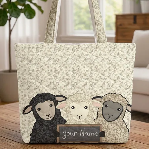 Three Sheep Faces Heather Leaves - Farmhouse Decor Gift for Sheep Lover Quilted Tote Bag