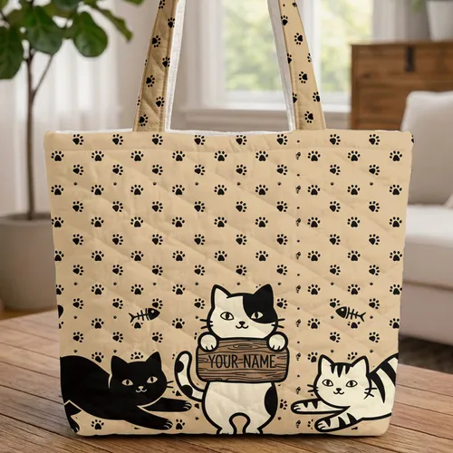Storybook Name Sign Three Cats Paw Prints Fish Bone - Cat Lover Everyday Tote Quilted Tote Bag