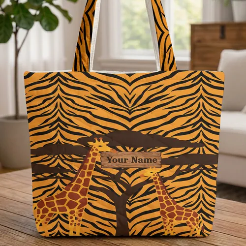 Giraffes Acacia Tree Savanna Sunset - Wildlife Lover Travel Essential Quilted Tote Bag