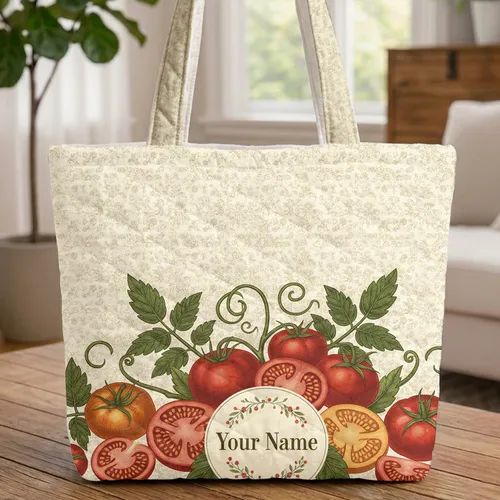 Vintage Heirloom Tomato Botanical Custom Name - Kitchen Bag Gift for Gardener Quilted Tote Bag