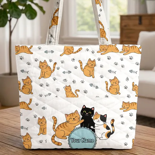 Cartoon Cats Paw Prints Fish Skeletons Your Name Tag - Cat Lover Gift Quilted Tote Bag