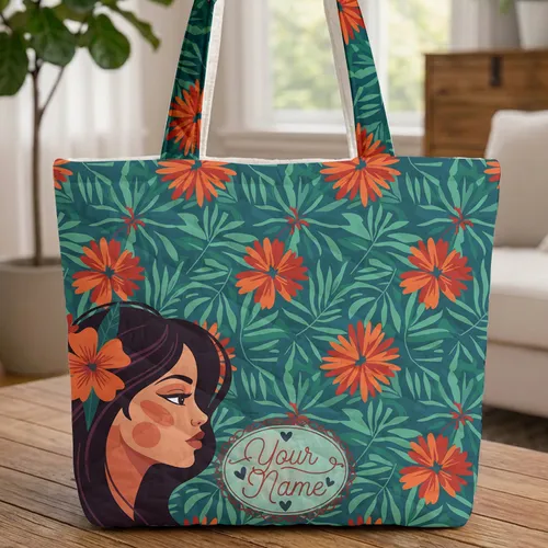 Personalized Woman Profile Tropical Flowers Leaves - Everyday Carry Gift for Her Quilted Tote Bag
