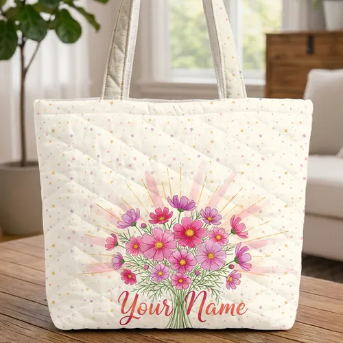 Cosmos Flowers Sunburst Personalized Name Golden Stars Pink Hearts Plus Signs Everyday Gift Quilted Tote Bag