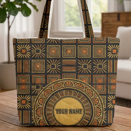 African Tribal Sunburst Zigzag Faux Gold Accents Personalized Name - Everyday Tote Quilted Tote Bag
