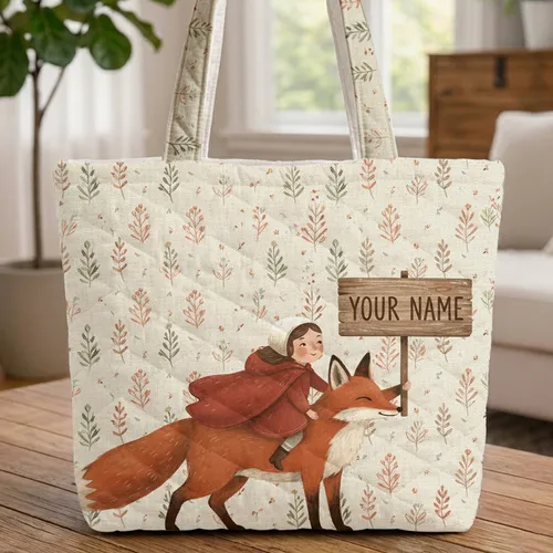 Folk Art Girl Fox Ride Red Cloak - Everyday Tote Wildlife Lover Gift for Girls Quilted Tote Bag