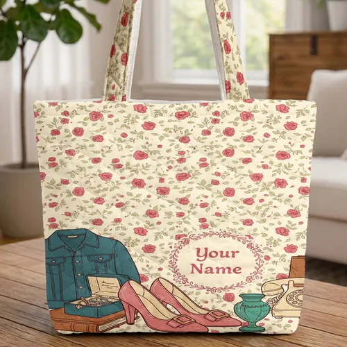 Roses Denim Jacket High Heels Phone Floral Wreath - Personalized Gift Quilted Tote Bag