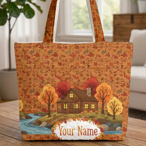 Log Cabin Glowing Windows River Autumn Leaves Pine Sprigs - Personalized Fall Gift Quilted Tote Bag