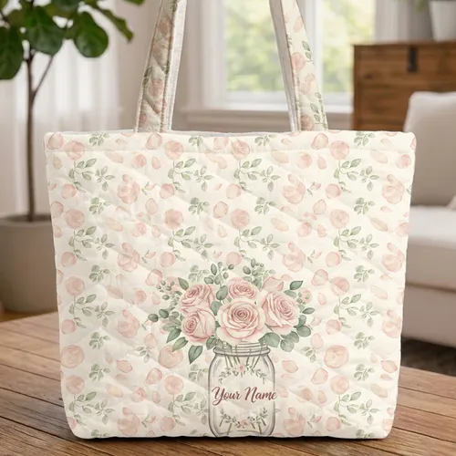 Rose Eucalyptus Bouquet Mason Jar Personalized Name Wreath - Everyday Tote Gift Quilted Tote Bag