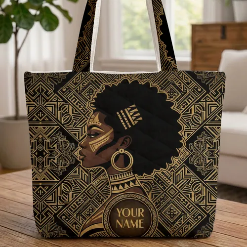 Black Woman Profile Afro Hair Personalized Everyday Gift for Her Quilted Tote Bag