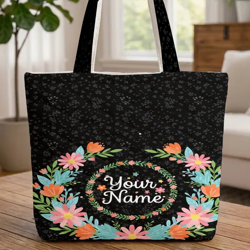 Pink Daisies Orange Blossoms Floral Wreath Personalized Name - Everyday Tote Gift Quilted Tote Bag
