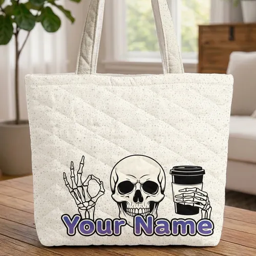 Skull Skeleton Hand Coffee Cup - Gothic Lifestyle Everyday Carry Gift Quilted Tote Bag