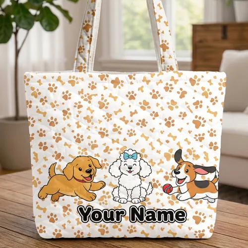 Cartoon Dog Paw Print Bones Personalized Name - Dog Lover Everyday Tote Quilted Tote Bag