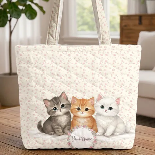 Kittens Rose Buds Name Wreath - Children's Storybook Gift for Kids Quilted Tote Bag