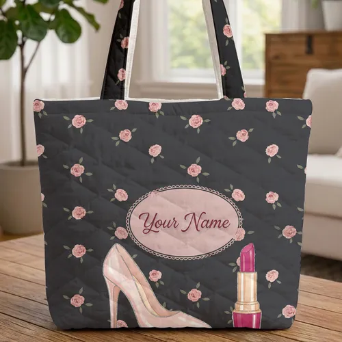 Personalized Name High-Heel Shoe Lipstick Blush Roses - Fashion Lover Gift Quilted Tote Bag