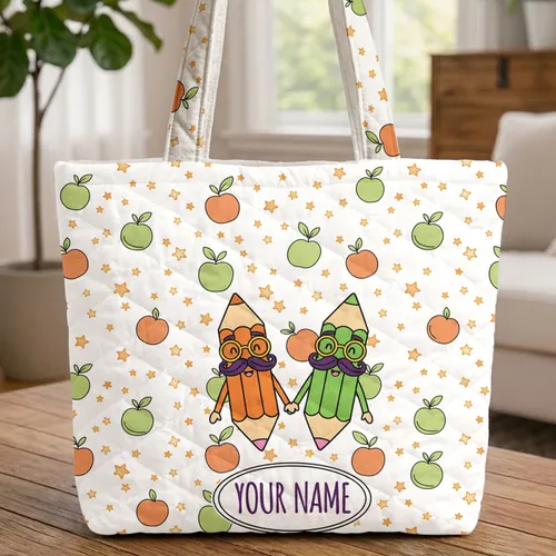 Cartoon Pencils Mustaches Glasses Personalized - Teacher Student School Gift Quilted Tote Bag