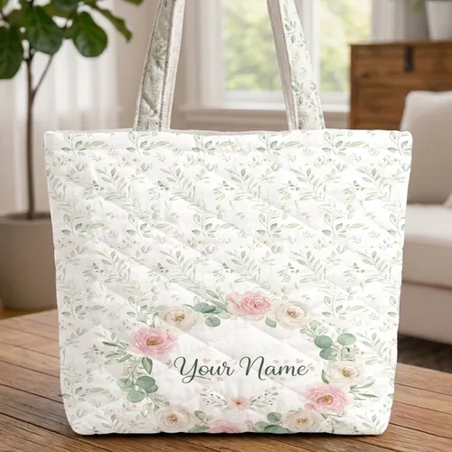 Floral Wreath Roses Peonies Eucalyptus Leaf Garland Wildflowers Quilted Tote Bag