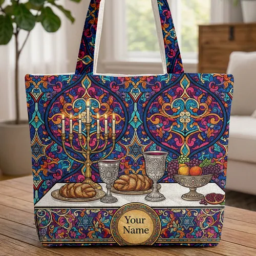 Shabbat Table Setting Star of David Floral Personalized Gift Quilted Tote Bag