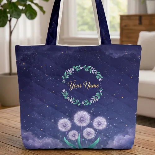 Glowing Dandelions Stars Floral Wreath Personalized Name - Nature Lover Gift Quilted Tote Bag