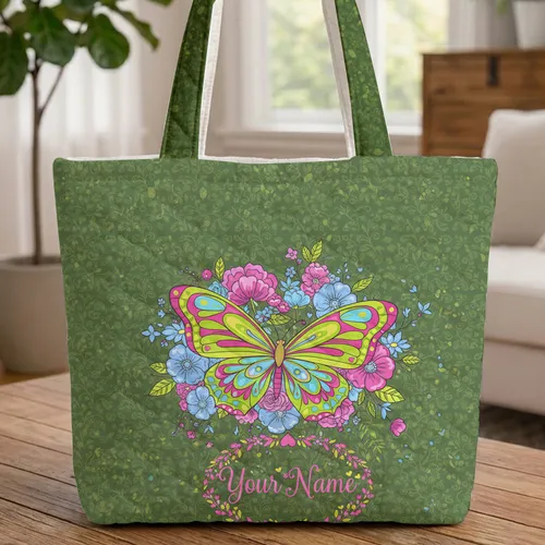 Ornate Butterfly Floral Wreath Personalized Name - Nature Lover Gift Quilted Tote Bag
