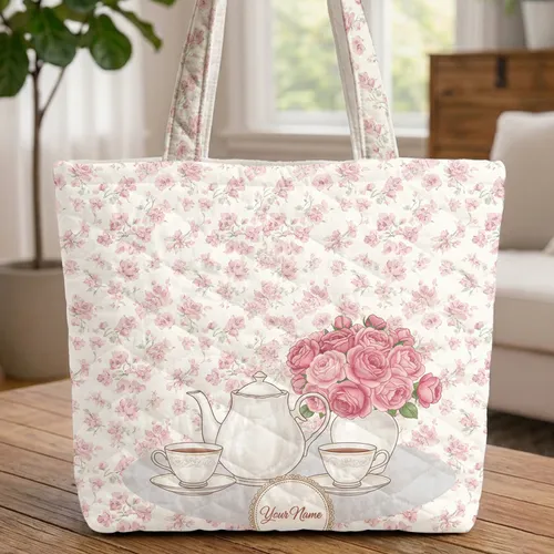 White Porcelain Teapot Teacups Roses Cherry Blossoms Gold Border Quilted Tote Bag