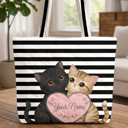 Hugging Sleek Black Tabby Cats Name Heart Pink Accents - Cat Lover Gift Quilted Tote Bag
