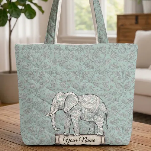 Standing Elephant Botanical Leaves Vine Name Scroll Wildlife Lover Gift Quilted Tote Bag