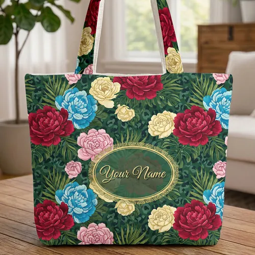 Peonies Roses Tropical Leaves Leopard Print Medallion with Gold Leaf Border - Everyday Tote Gift Quilted Tote Bag