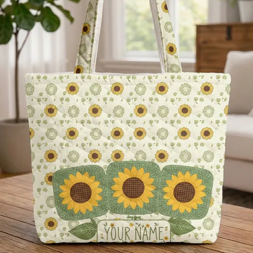 Crochet Sunflower Granny Square Floral Personalized Name Hoop Everyday Tote Gift Quilted Tote Bag