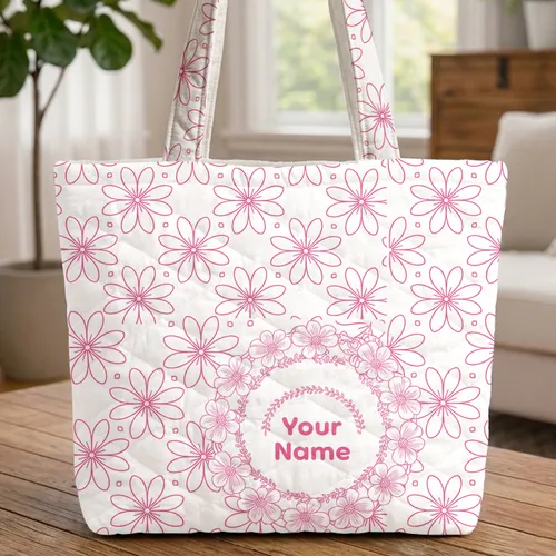 Bright Pink White Geometric Flowers Ornate Wreath Name - Everyday Carry Gift Quilted Tote Bag