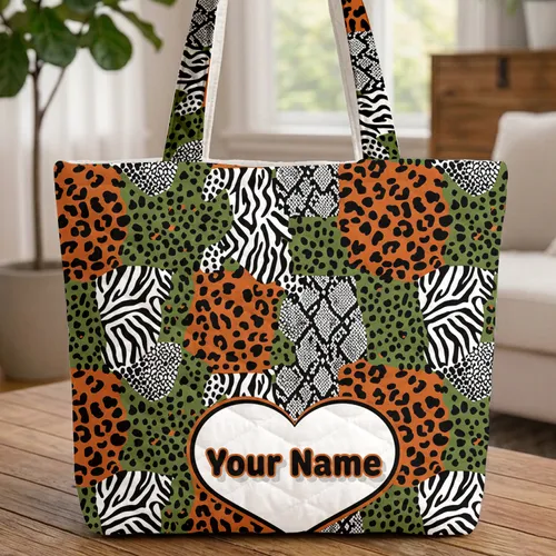 Leopard Tiger Snake Dots Heart Name Text - Everyday Carry Fashion Lifestyle Gift Quilted Tote Bag