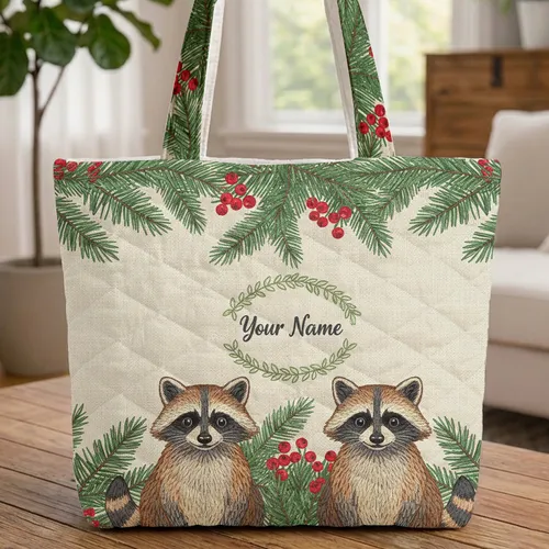 Raccoons Pine Boughs Berry Garland - Winter Holiday Gift for Wildlife Lover Quilted Tote Bag
