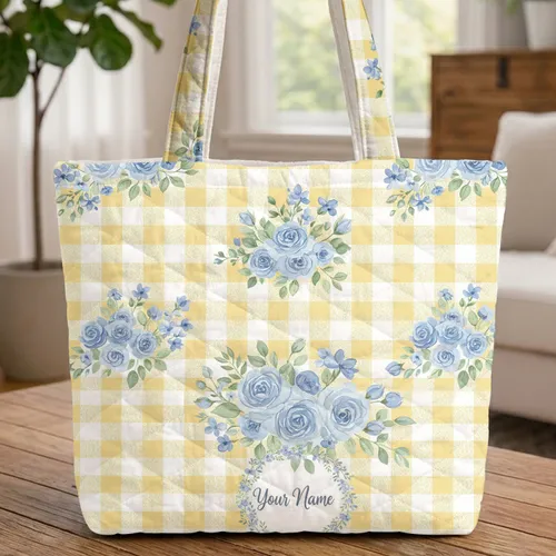 Name Wreath Blue Rose Gingham Periwinkle Floral - Everyday Carry Gift for Her Quilted Tote Bag