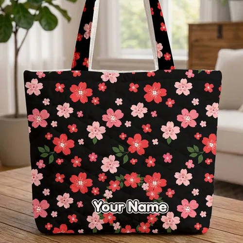 Five-Petal Floral Wreath Personalized Name - Meaningful Gift for Her Quilted Tote Bag