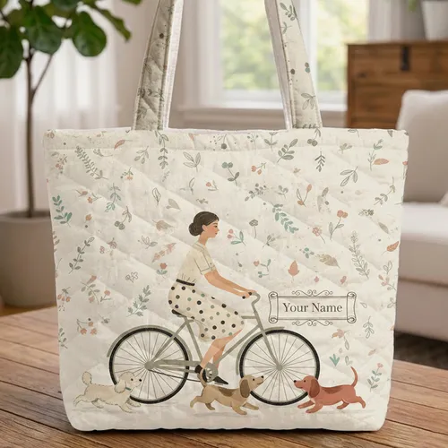 Elegant Woman Vintage Bicycle Puppies Wildflowers - Puppy Lover Gift Quilted Tote Bag