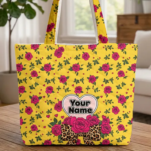Leopard Bow Pink Roses Hearts Personalized Heart Name - Everyday Gift for Her Quilted Tote Bag