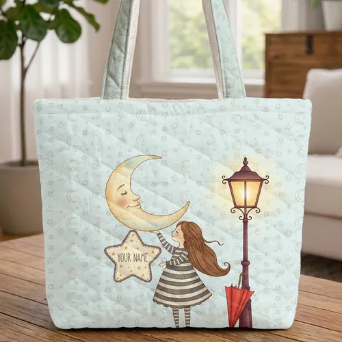 Personalized Name Crescent Moon Girl Stars Everyday Tote Quilted Tote Bag