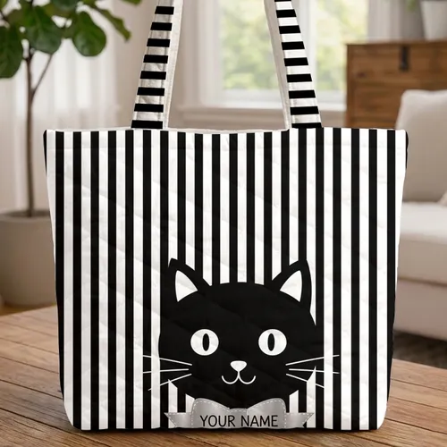 Black Cat Face White Whiskers Pinstripes - Silver Ribbon Cat Lover Gift Quilted Tote Bag