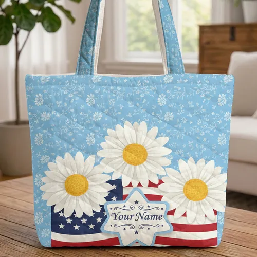 White Daisies American Flag Star Cartouche Independence Day Gift Quilted Tote Bag