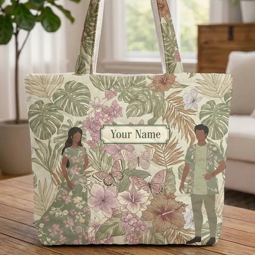 Tropical Foliage Butterflies Orchids Hibiscus - Personalized Name Travel Gift Quilted Tote Bag