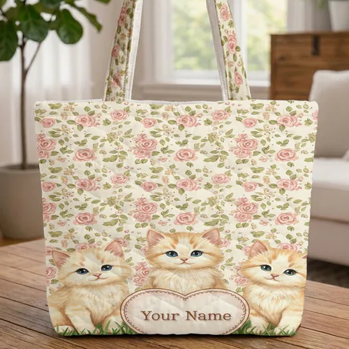 Cream Kittens Roses Personalized Heart - Pet Lover Gift Quilted Tote Bag