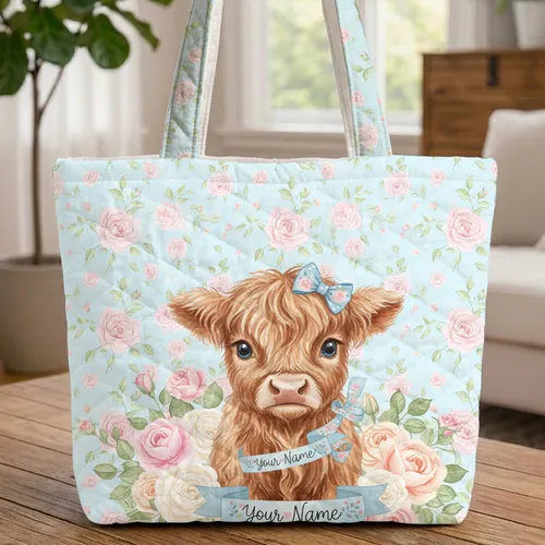 Baby Highland Cow Roses Garden - New Baby Gift for Nursery Decor Quilted Tote Bag