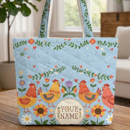 Folk Art Chickens Wildflowers Personalized Name - Farmhouse Decor Gift Quilted Tote Bag