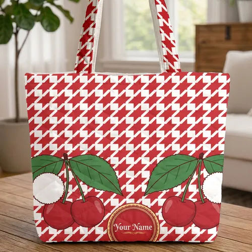 Your Name Cherry Pom-Poms Red White Houndstooth Gold Everyday Fashion Accessory Gift Quilted Tote Bag
