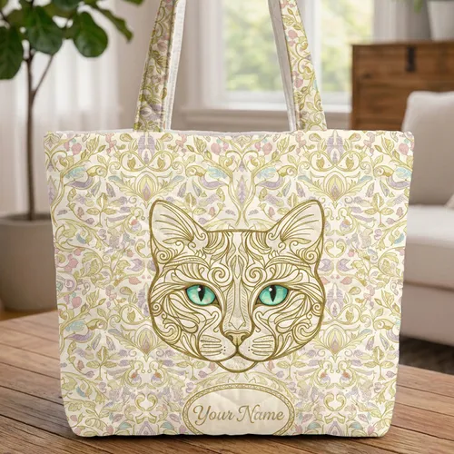 Cat Face Iridescent Eyes Ornate Swirling Leaf Botanical - Everyday Carry for Cat Lovers Quilted Tote Bag