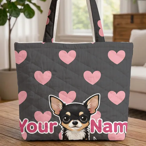Black Tan Chihuahua Dog Pink Hearts Personalized Name - Everyday Carry Gift for Dog Lovers Quilted Tote Bag