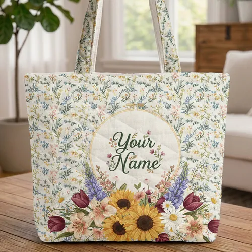 Floral Arrangement Name Hoop - Flower Lover Gift Quilted Tote Bag