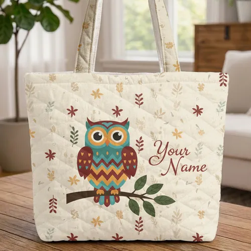Personalized Geometric Folk Art Owl - Wildlife Lover Gift Quilted Tote Bag