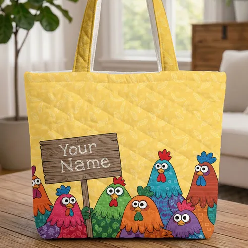 Six Colorful Chickens Personalized Sign Farmhouse Decor Chicken Lover Gift Quilted Tote Bag